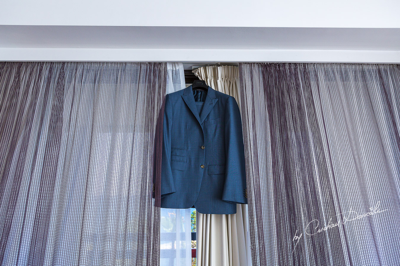 Groom's suit hanged to be photographed at Londa Hotel in Limassol, Cyprus