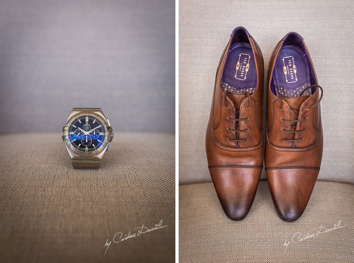 Groom's watch and shoes photographed at Nissi Beach Resort in Ayia Napa, Cyprus by Cristian Dascalu.
