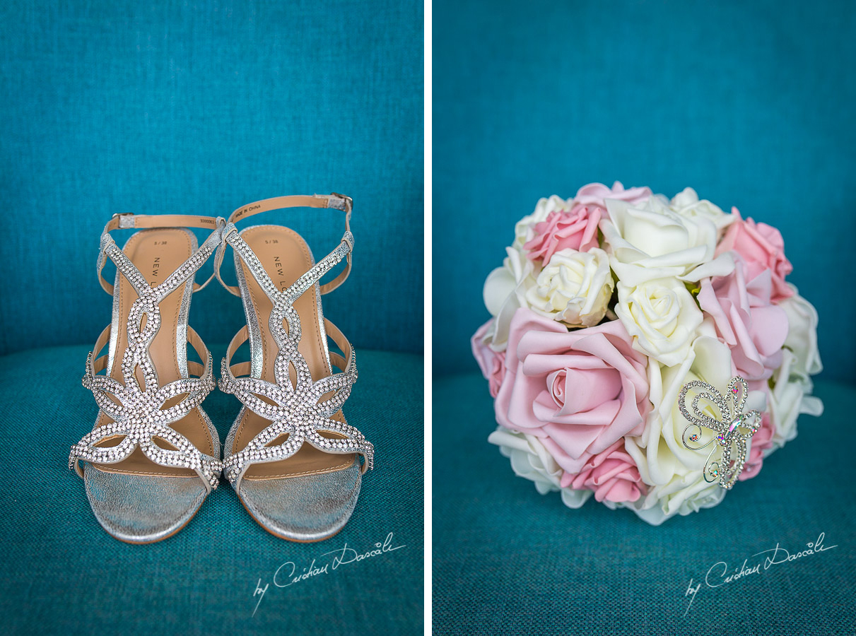 Bride's shoes and bouquet photographed at Nissi Beach Resort in Ayia Napa, Cyprus by Cristian Dascalu.