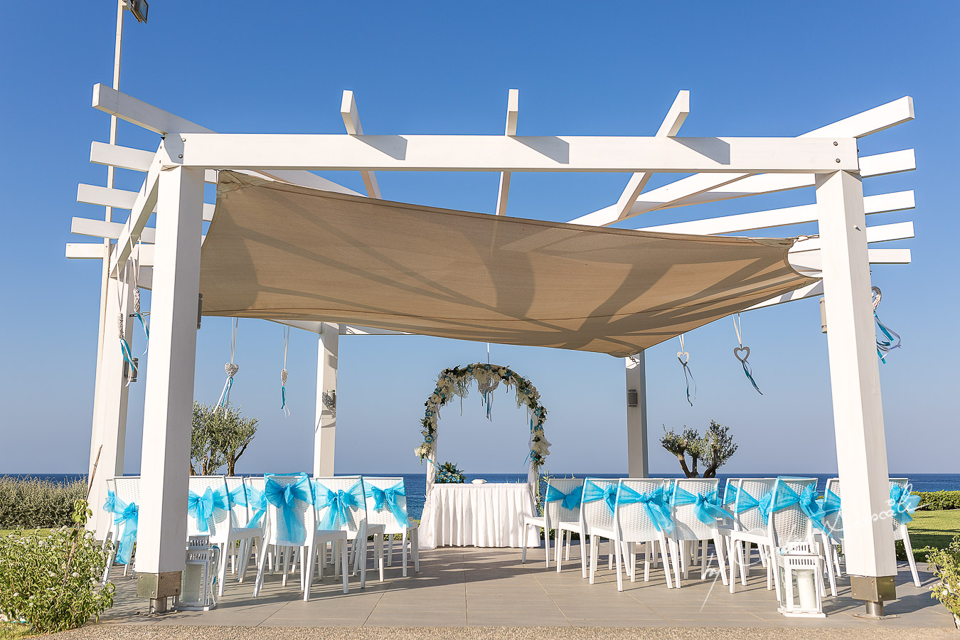 Wedding gazebo captured before wedding ceremony at Pernera Beach Hotel in Protaras, Cyprus.