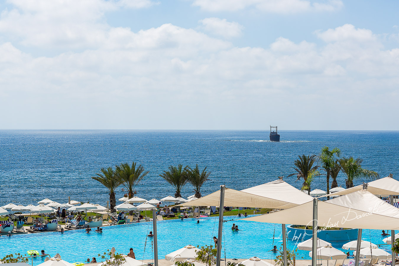 Ship wreck off coast of Paphos seen from wedding ceremony at King Evelton Beach and Resort.