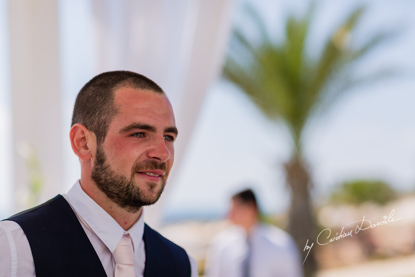 Emotional groom Luke, just before his wedding ceremony at King Evelton Hotel and Resort in Paphos, Cyprus.