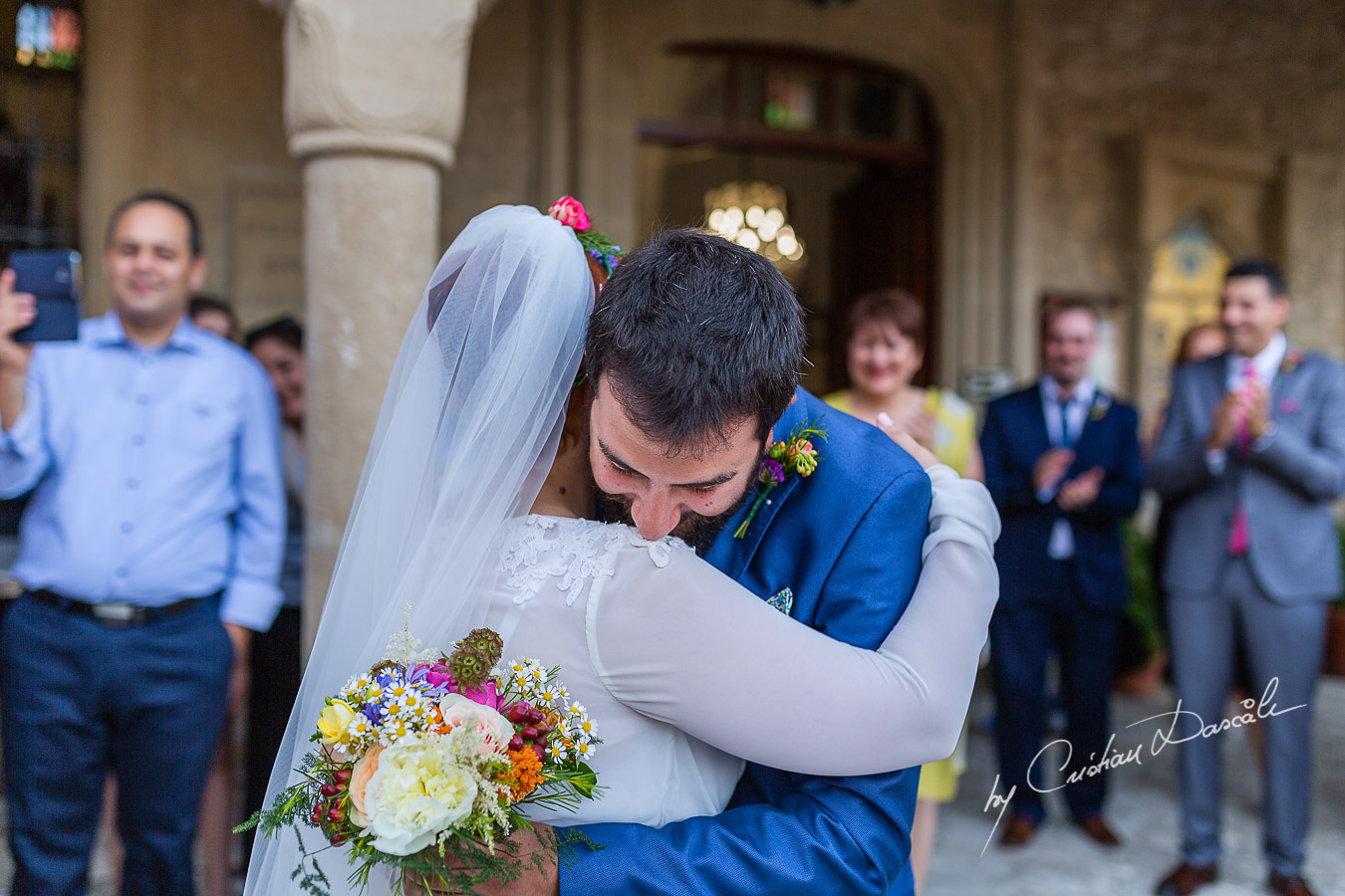 Bride and Groom meet in front of the church at Traditional Cyprus Wedding in Tochni, Larnaca.