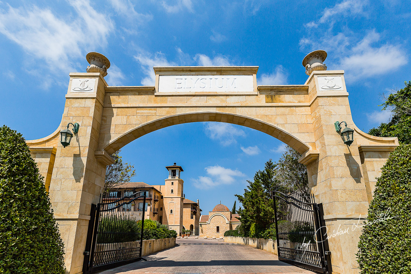 The entrance gate of the beautiful Elysium Hotel in Paphos.