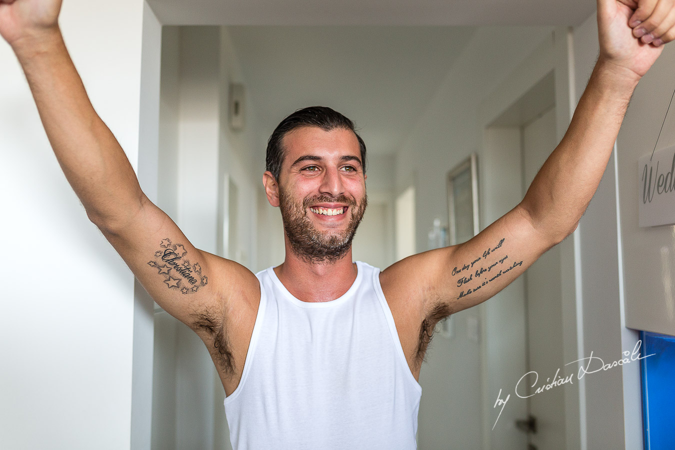 Moments from the groom's arrival captured at an elegant and romantic wedding at Elias Beach Hotel by Cristian Dascalu.