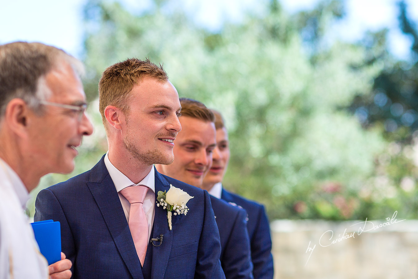 The grooms reaction when the bride arrives at the wedding ceremony at Aphrodite Hills Resort in Cyprus, captured by photographer Cristian Dascalu.