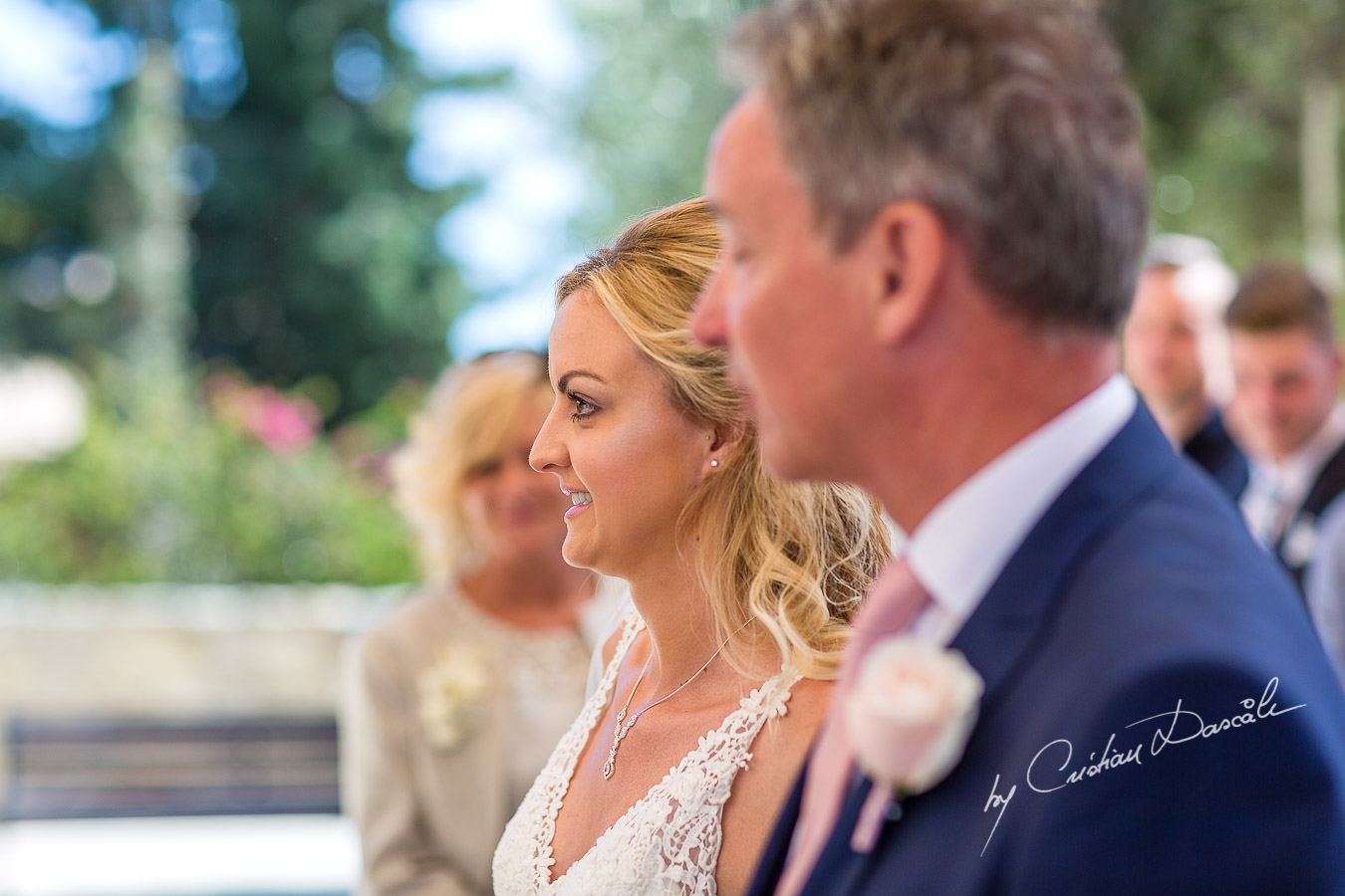 The brides reaction when she arrives at the wedding ceremony at Aphrodite Hills Resort in Cyprus, captured by photographer Cristian Dascalu.