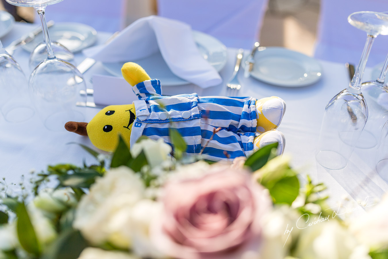 Unique wedding table decorations captured by Cristian Dascalu at a wedding at The Aphrodite Hills Resort in Paphos, Cyprus.