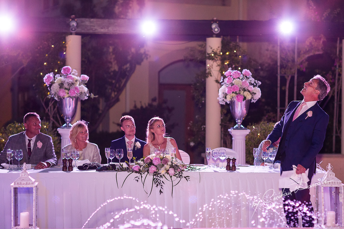 Wedding dinner moments captured by Cristian Dascalu at a wedding at The Aphrodite Hills Resort in Paphos, Cyprus.