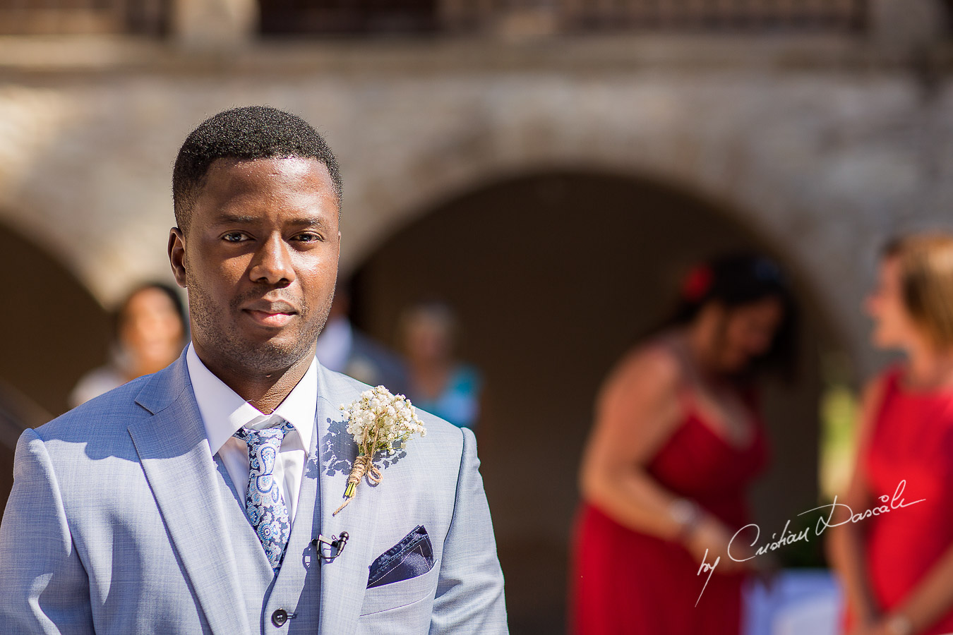 Groom waiting for his bride, beautiful moments captured at a wedding at Minthis Hills in Cyprus, by Cristian Dascalu.