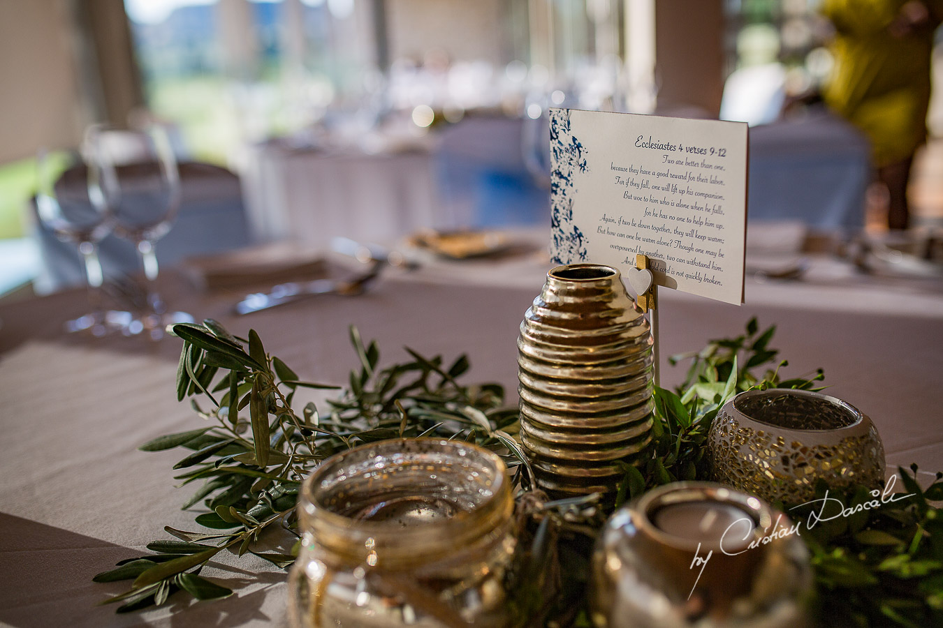 Wedding venue details captured at a wedding at Minthis Hills in Cyprus, by Cristian Dascalu.