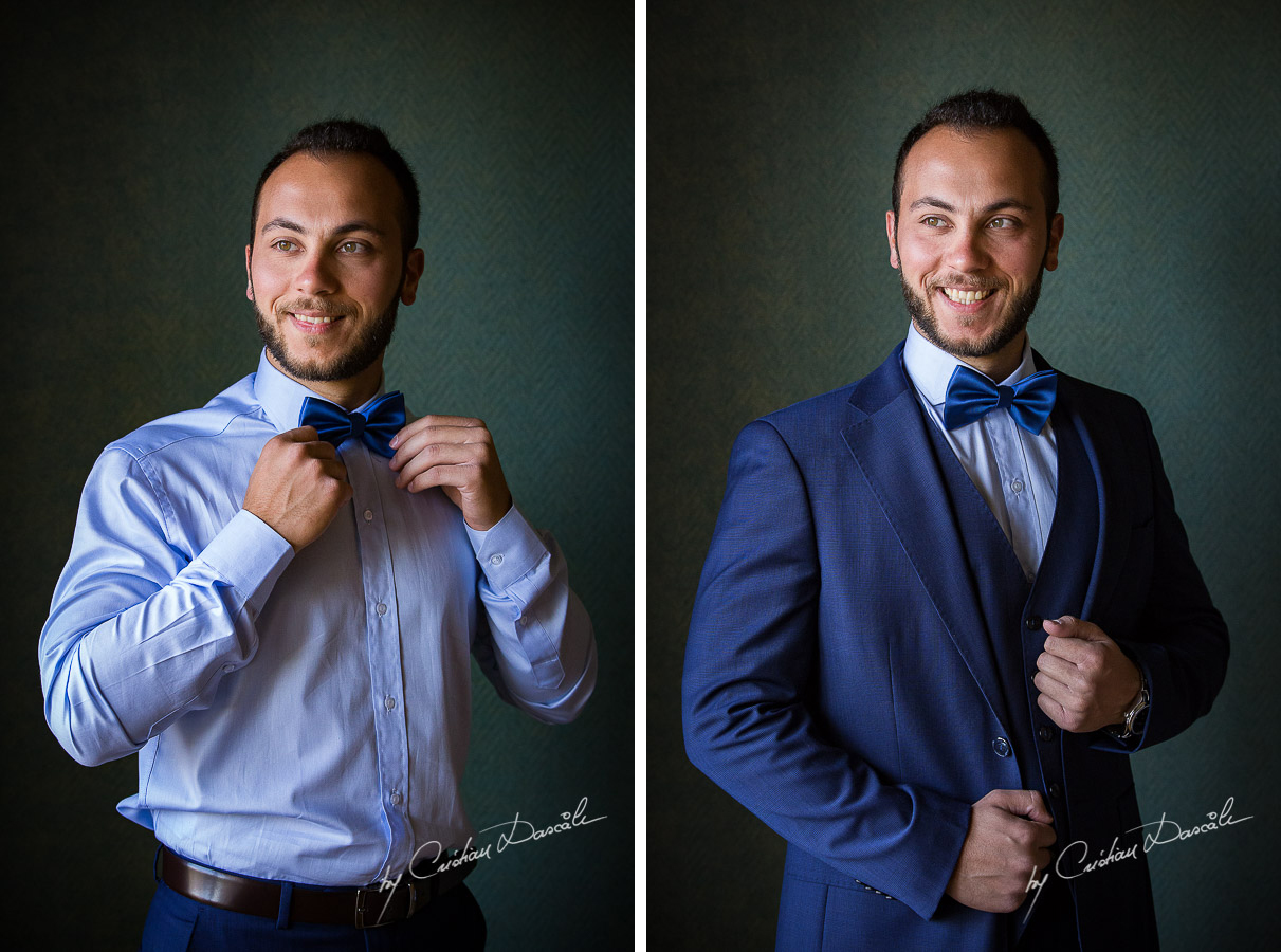 The Groom posing during his getting ready as part of an Exclusive Wedding photography at Grand Resort Limassol, captured by Cyprus Wedding Photographer Cristian Dascalu.