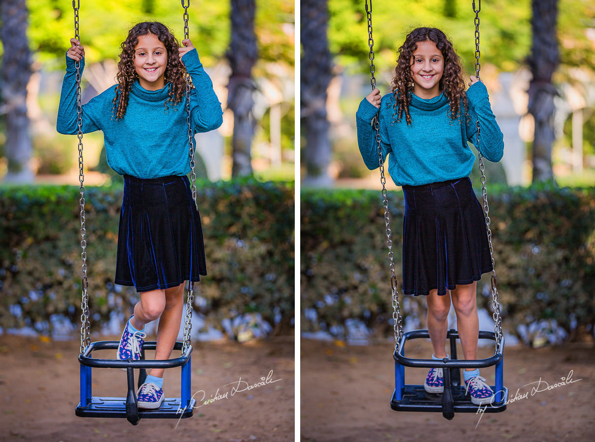 Beautiful young lady in the swing, moments captured by Cristian Dascalu during a beautiful Limassol family photography photo session.