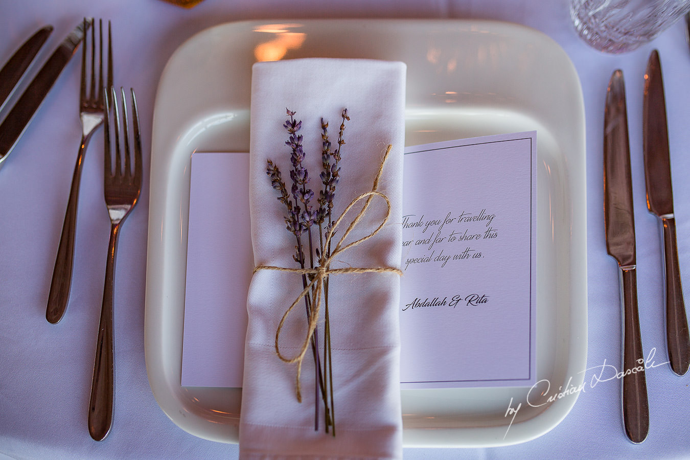 Wedding table decorations captured during a wedding photography at the Lighthouse Limassol, by Cyprus Photographer Cristian Dascalu.