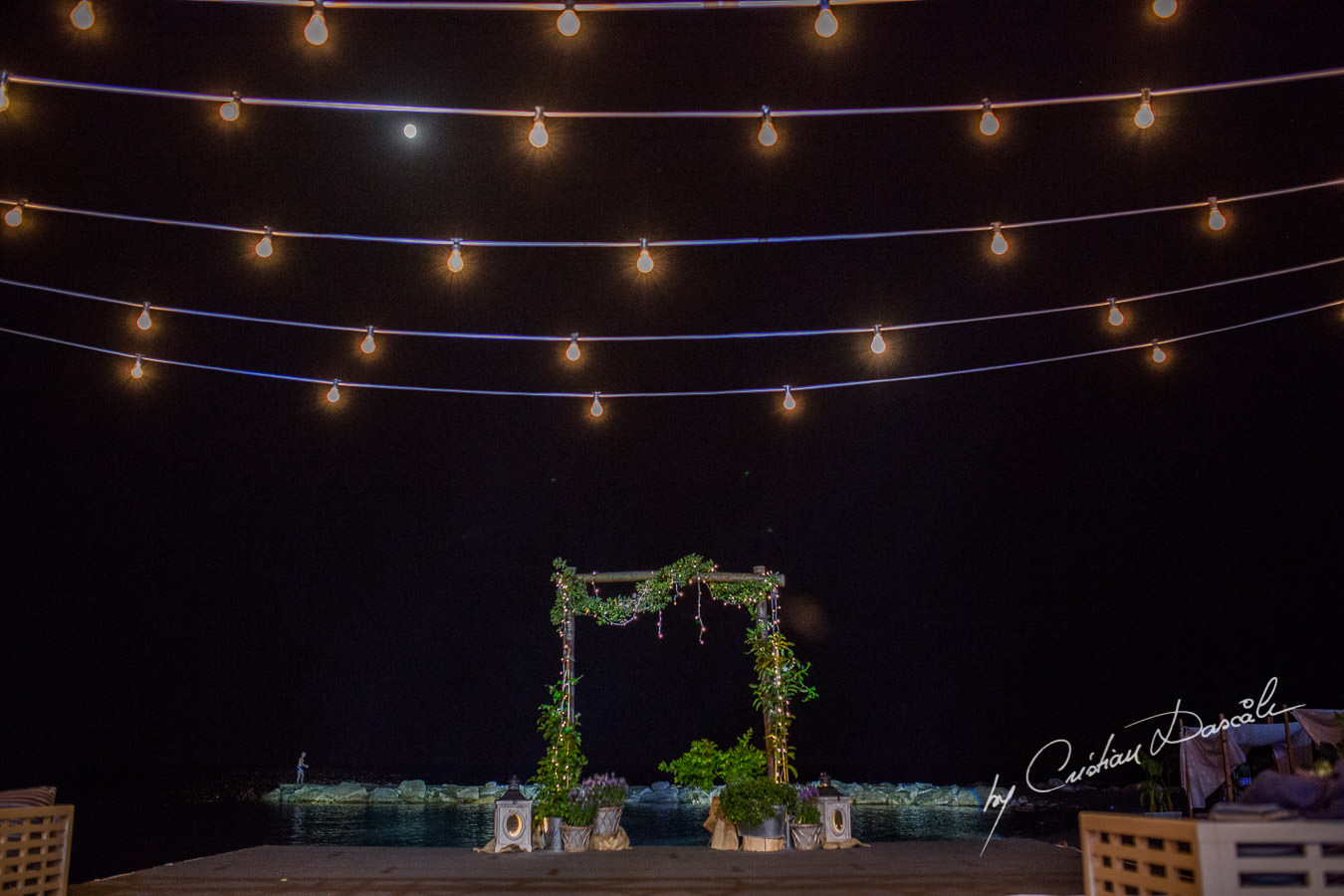 Wedding venue details by night captured during a wedding photography at the Lighthouse Limassol, by Cyprus Photographer Cristian Dascalu.