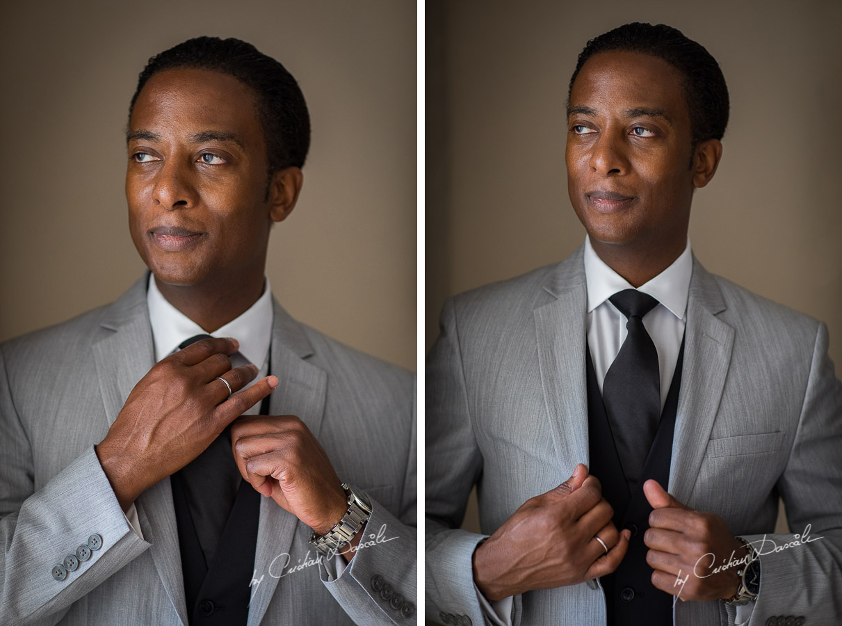 Groom portraits captured during an Exquisite Wedding at Asterias Beach Hotel by Cyprus Photographer Cristian Dascalu.