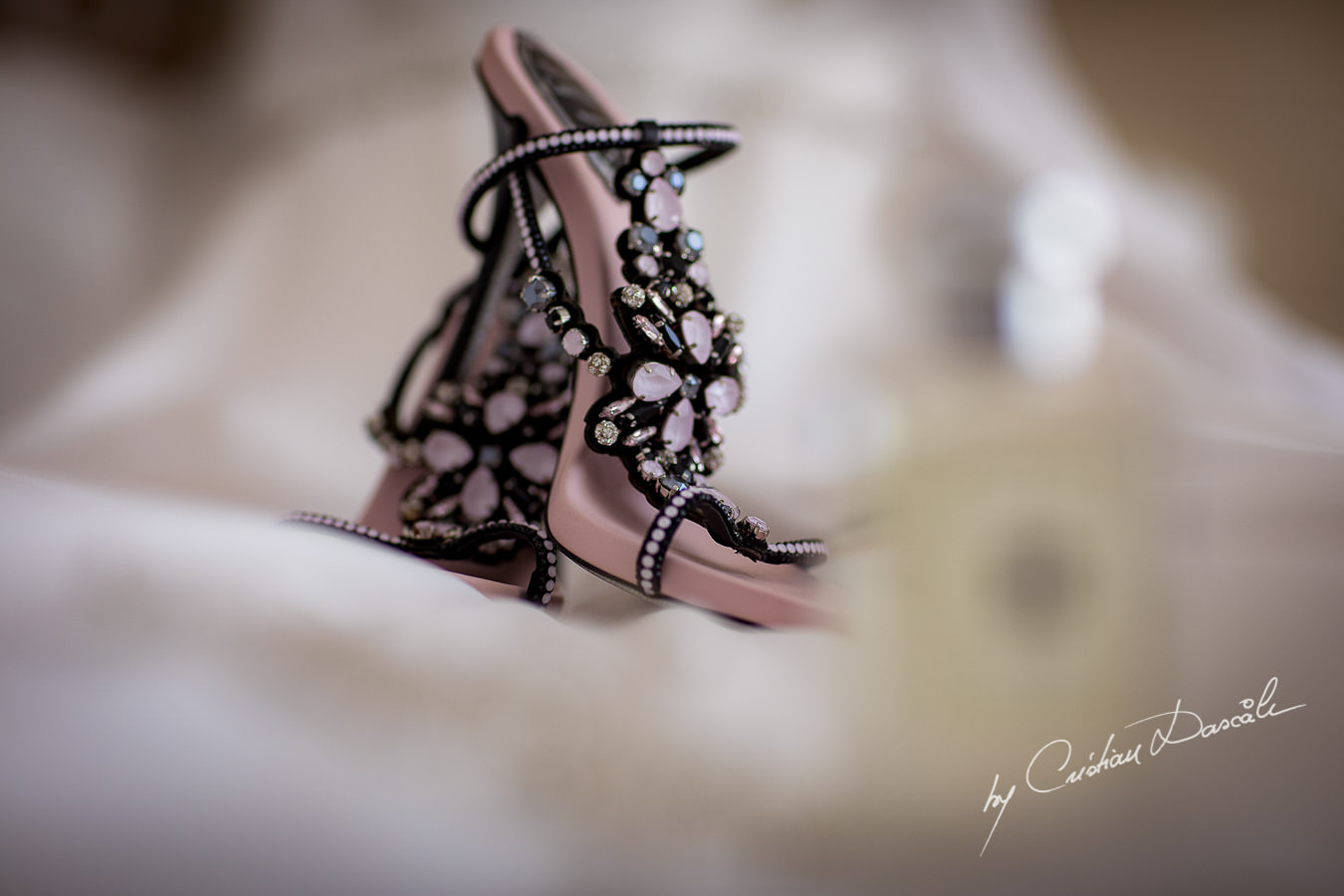 Bridal shoes by Rene Caovilla captured by Cristian Dascalu during an elegant Aphrodite Hills Wedding in Cyprus.