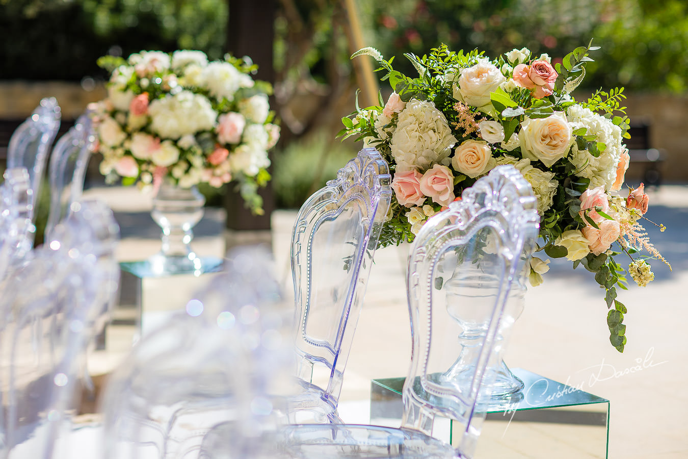 Beautiful wedding flowers captured by Cristian Dascalu during an elegant Aphrodite Hills Wedding in Cyprus.