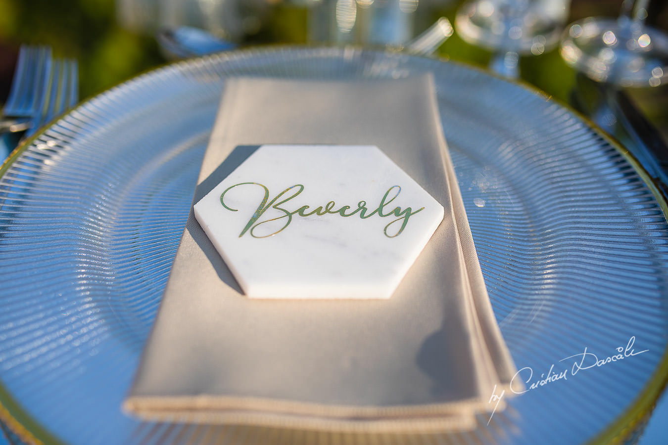 Table details captured by Cristian Dascalu during an elegant Aphrodite Hills Wedding in Cyprus.