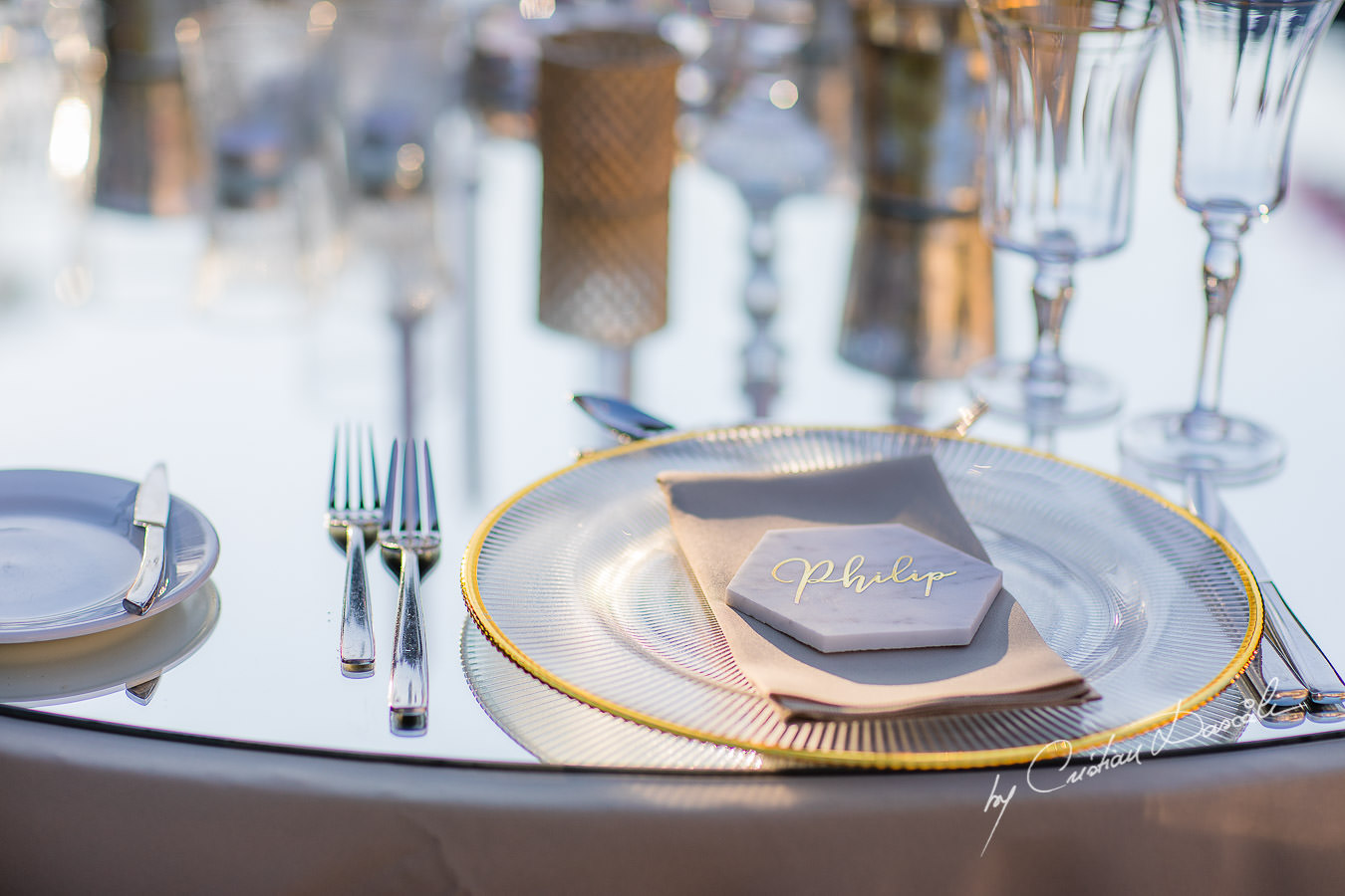 Table details captured by Cristian Dascalu during an elegant Aphrodite Hills Wedding in Cyprus.