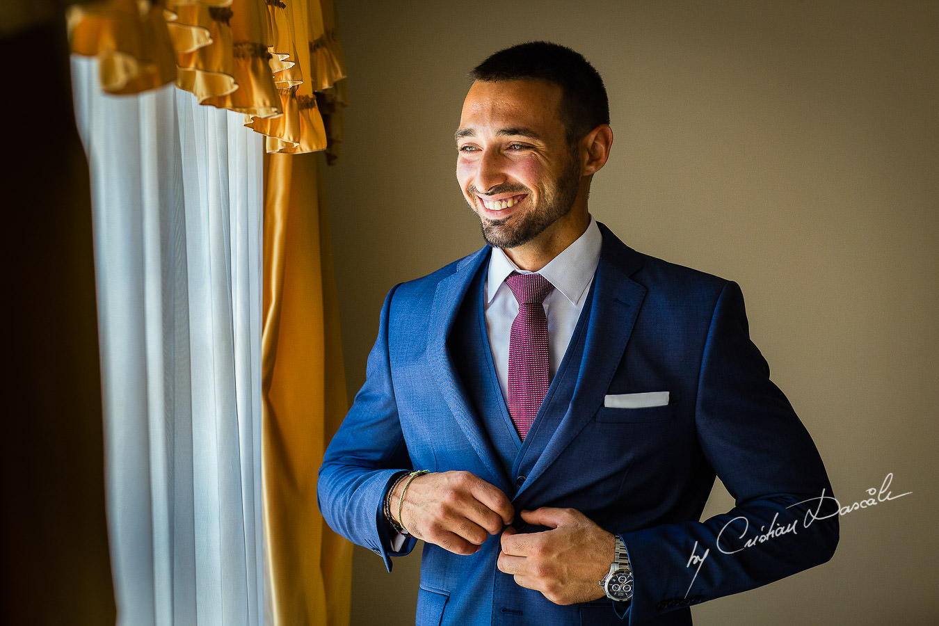 Groom's smile before his wedding, moments captured by Cyprus Wedding Photographer Cristian Dascalu at a beautiful wedding in Larnaka, Cyprus.